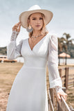 Ivory Boho Simple Sheath Long Sleeves Wedding Dress with Lace