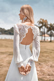 Ivory Boho Simple Sheath Long Sleeves Wedding Dress with Lace