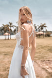 Ivory A Line Lace Backless Wedding Dress with Slit