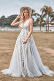 Ivory A Line V Neck Backless Appliqued Wedding Dress