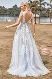 Ivory A Line V Neck Backless Appliqued Wedding Dress