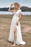 Ivory V-neck Simple Chiffon Wedding Dress with Slit