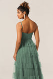 Gorgeous A Line Spaghetti Straps Eucalyptus Tulle Long Bridesmaid Dress