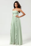 Strapless A Line Chiffon Green Bridesmaid Dress with Pleated