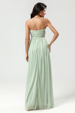 Strapless A Line Chiffon Green Bridesmaid Dress with Pleated