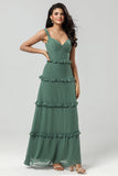 Classic Elegance A Line Off the Shoulder Eucalyptus Long Bridesmaid Dress