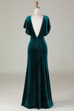 Velvet V-Neck Peacock Bridesmaid Dress with Ruffles