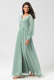 Chiffon A Line Long Sleeves Bridesmaid Dress with Buttons