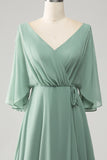 Matcha Batwing Sleeves Long Chiffon Bridesmaid Dress with Slit