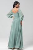 Off the Shoulder Long Sleeves Green Bridesmaid Dress with Slit
