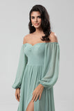 Off the Shoulder Long Sleeves Green Bridesmaid Dress with Slit