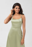 Satin Green Bridesmaid Dress with Lace-up Back