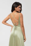 Satin Green Bridesmaid Dress with Lace-up Back