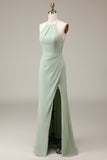 Matcha Halter Neck Sheath Pleated Bridesmaid Dress with Slit