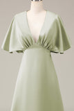 Dusty Sage V-neck Short Sleeves A-line Satin Bridesmaid Dress