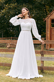 Ivory A Line Chiffon Long Wedding Dress with Lace