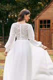 Ivory A Line Chiffon Long Wedding Dress with Lace