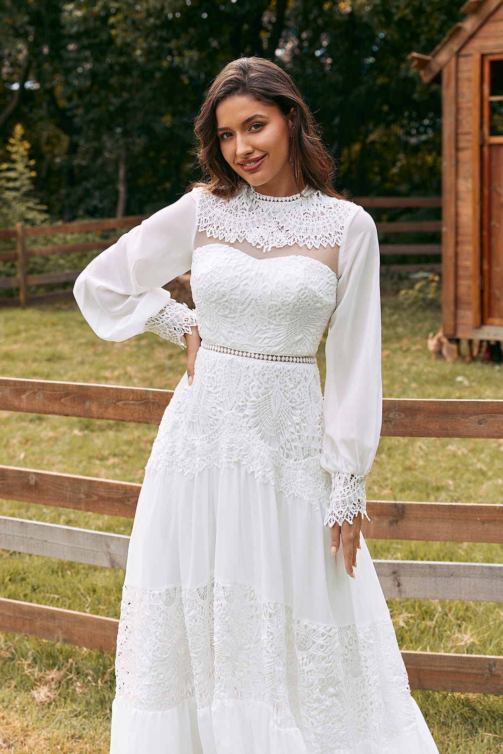 Leely Women Ivory Lace Wedding Dress with Long Sleeves Round Neck