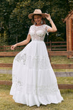 Ivory A Line Chiffon Wedding Dress with Appliqued Lace