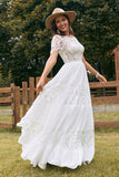 Ivory A Line Chiffon Wedding Dress with Appliqued Lace