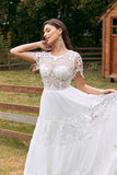 Ivory A Line Chiffon Wedding Dress with Appliqued Lace