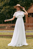 Ivory A Line Chiffon Wedding Dress with Appliqued Lace