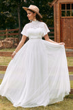 Ivory A Line Chiffon Wedding Dress with Appliqued Lace