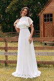 Ivory A Line Chiffon Wedding Dress with Appliqued Lace