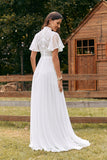 Ivory A Line Chiffon Wedding Dress with Appliqued Lace