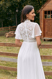 Ivory A Line Chiffon Wedding Dress with Appliqued Lace