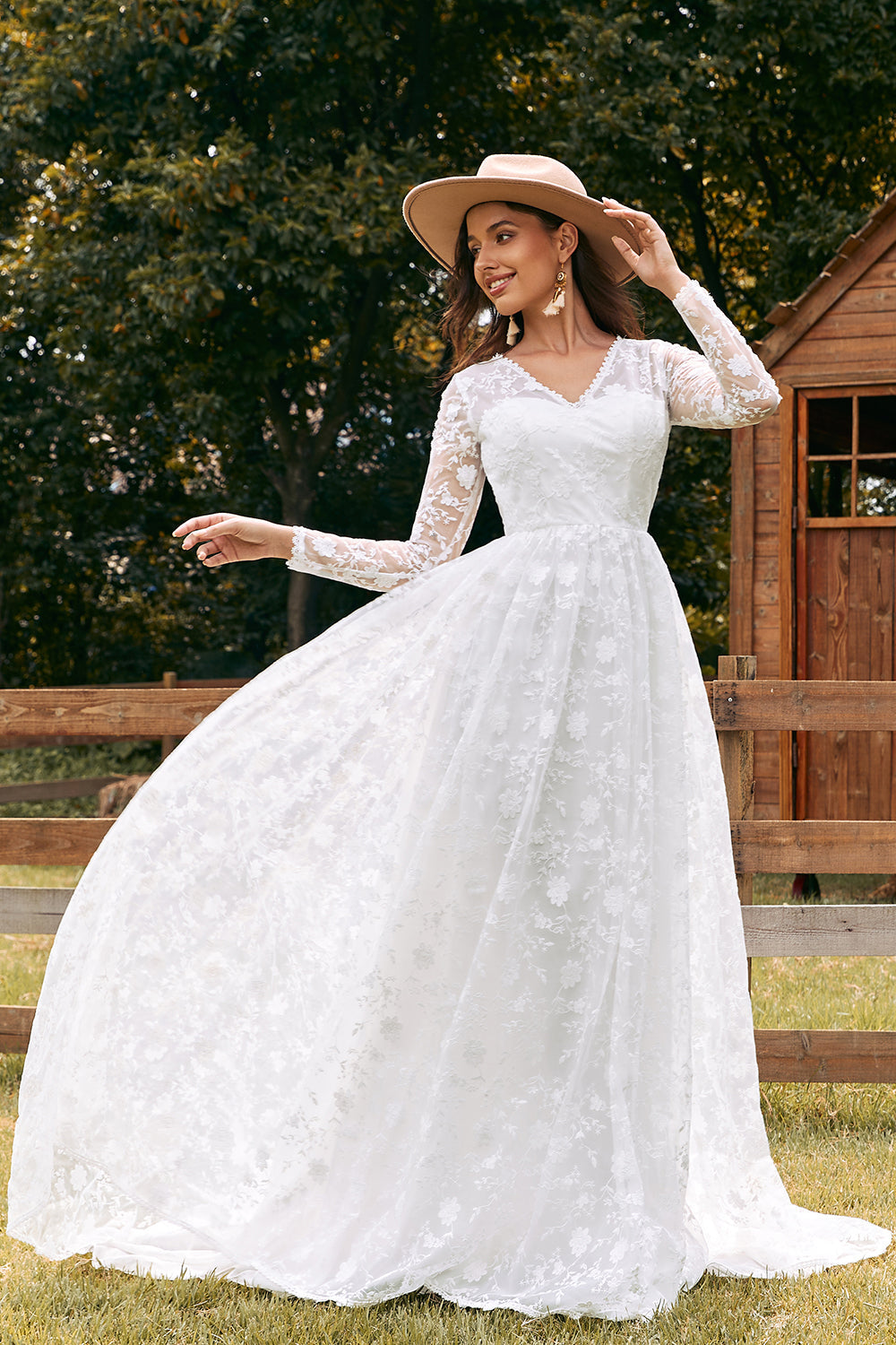 Ivory A Line V Neck Wedding Dress with Long Sleeves