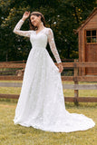 Ivory A-Line V Neck Wedding Dress with Long Sleeves