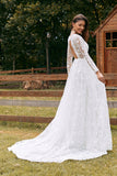 Ivory A-Line V Neck Wedding Dress with Long Sleeves