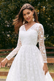 Ivory A-Line V Neck Wedding Dress with Long Sleeves