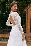 Ivory A-Line V Neck Wedding Dress with Long Sleeves