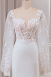 Ivory Lace Sweetheart Neck Long Sleeves Mermaid Wedding Dress with Sweep Train