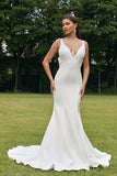 Ivory Mermaid V Neck Backless Simple Wedding Dress