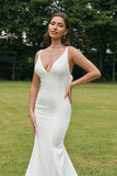 Ivory Mermaid V Neck Backless Simple Wedding Dress