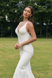 Ivory Mermaid V Neck Backless Simple Wedding Dress