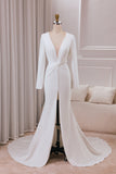 Ivory Deep V-neck Long Sleeves Crepe Mermaid Wedding Dress with Front Slit