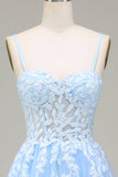 Tulle A-Line Spaghetti Straps Sky Blue Prom Dress with Appliques