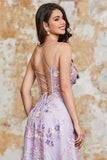 Gorgeous A Line Spaghetti Straps Light Purple Long Prom Dress with Appliques