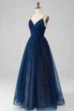 Navy Ball-Gown V-Neck Long Beaded Tulle Prom Dresses With Pleated