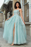 Gorgeous A Line Spaghetti Straps Mint Corset Prom Dress with Appliques