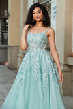 Gorgeous A Line Spaghetti Straps Mint Corset Prom Dress with Appliques