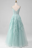 Glitter Mint A-Line Tulle Long Prom Dress with Lace