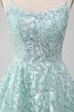 Glitter Mint A-Line Tulle Long Prom Dress with Lace