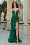 Stylish Dark Green Mermaid Spaghetti Straps Long Prom Dress With Slit