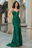 Stylish Dark Green Mermaid Spaghetti Straps Long Prom Dress With Slit