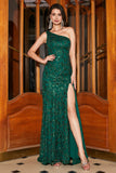 Stunning Mermaid One Shoulder Dark Green Sequins Long Prom Dress with Slit